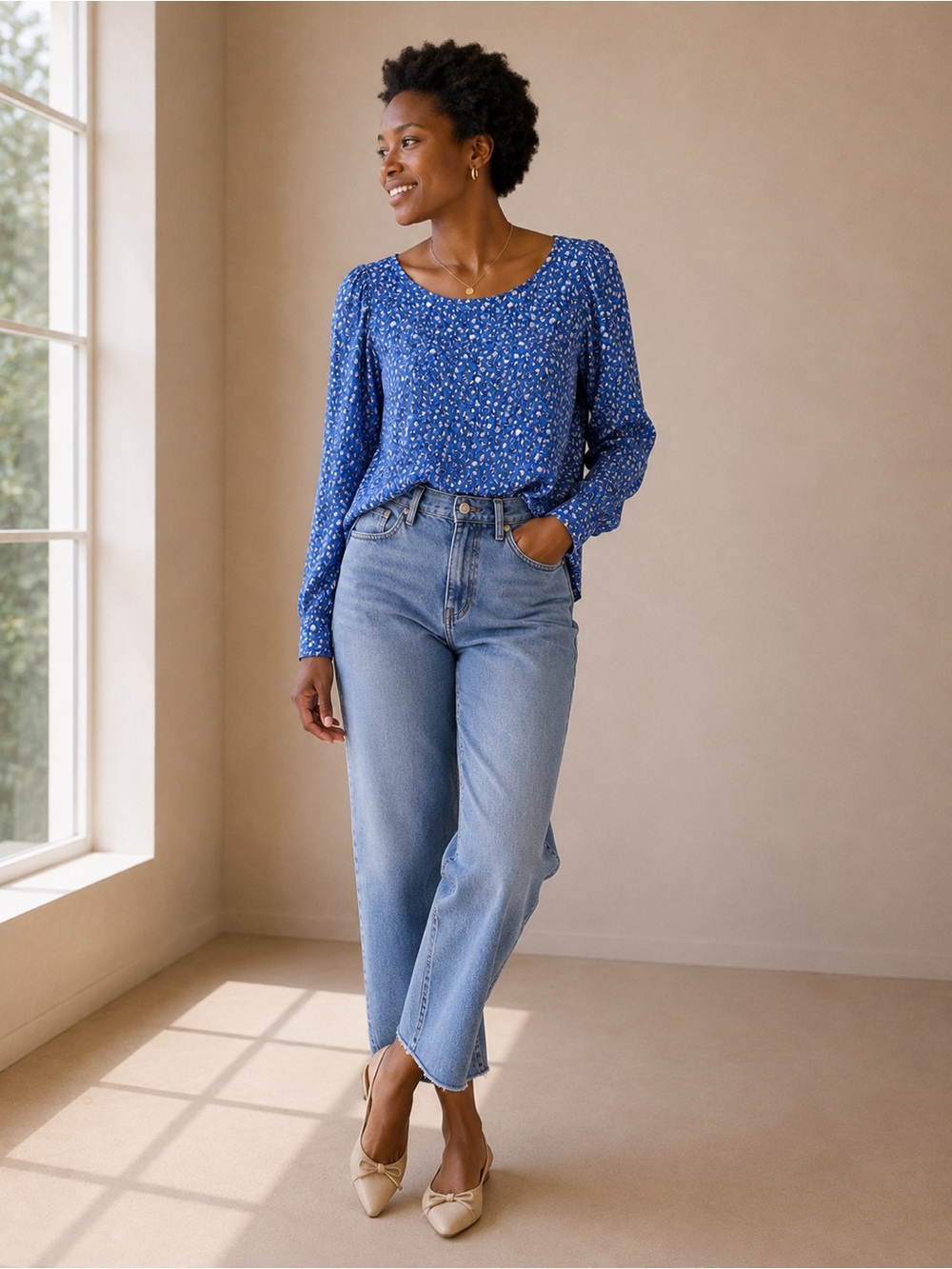 LOFT Blue Floral Long-Sleeve Top